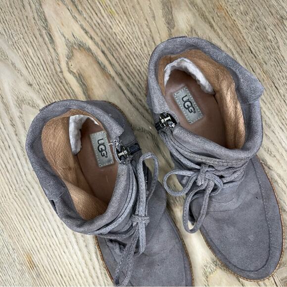 UGG Reid Moc Bootie Suede Ankle Boot Tan Slate Wrap Lace Boho Women’s Size 7.5 - Picture 7 of 11
